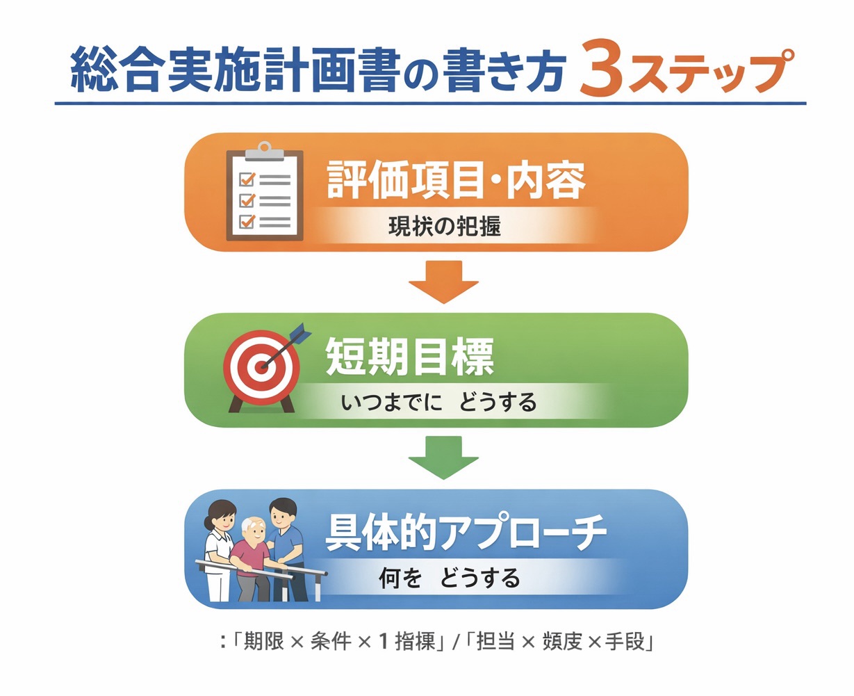 総合実施計画書の書き方 3 ステップを示した図版