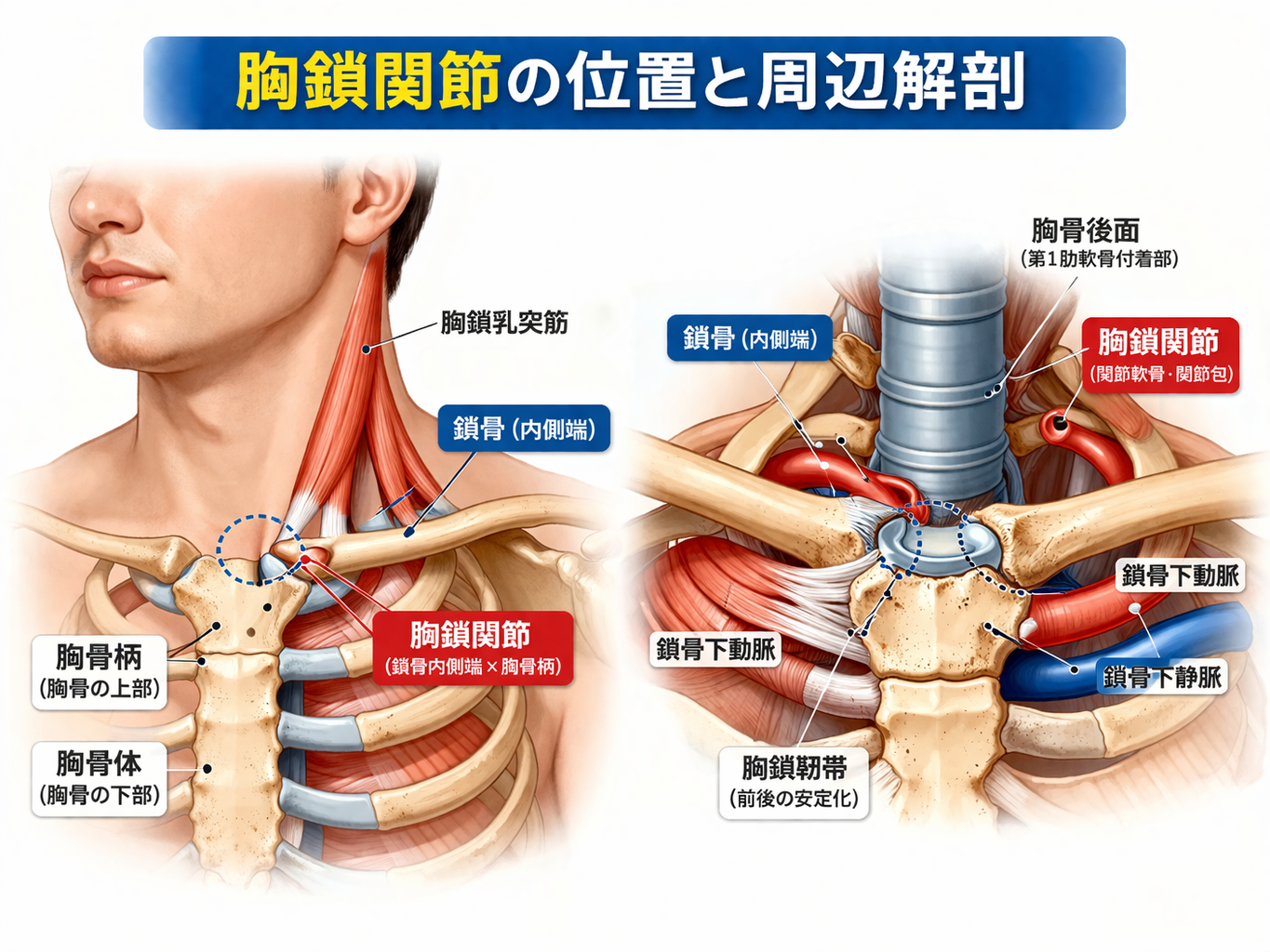 胸鎖関節の位置と周辺解剖を示した図版