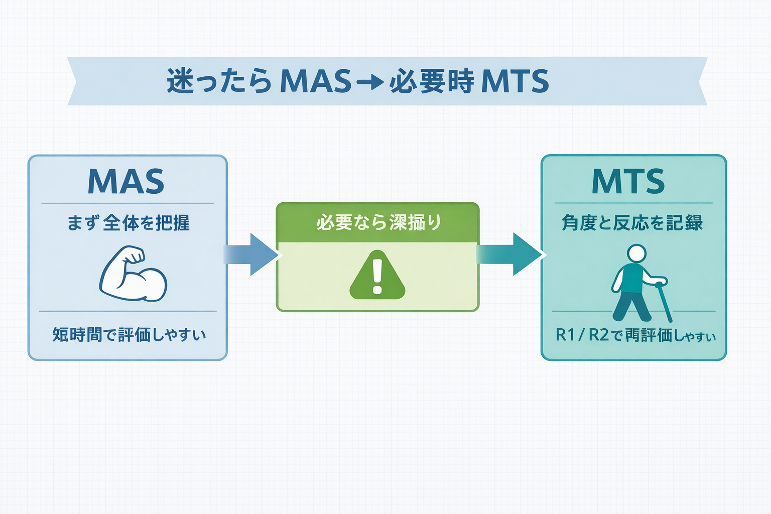 MAS で全体像を把握し、必要なら MTS で角度と反応を記録する流れを示した図版