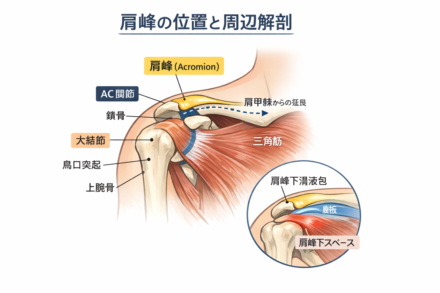 肩峰の触診手順 3 ステップを示した図版