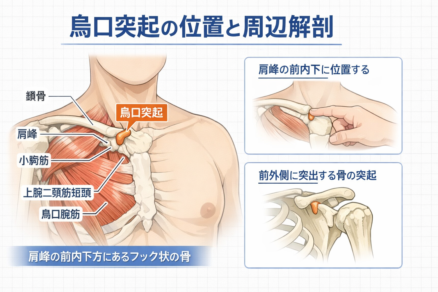 烏口突起の位置と周辺解剖を示した図版