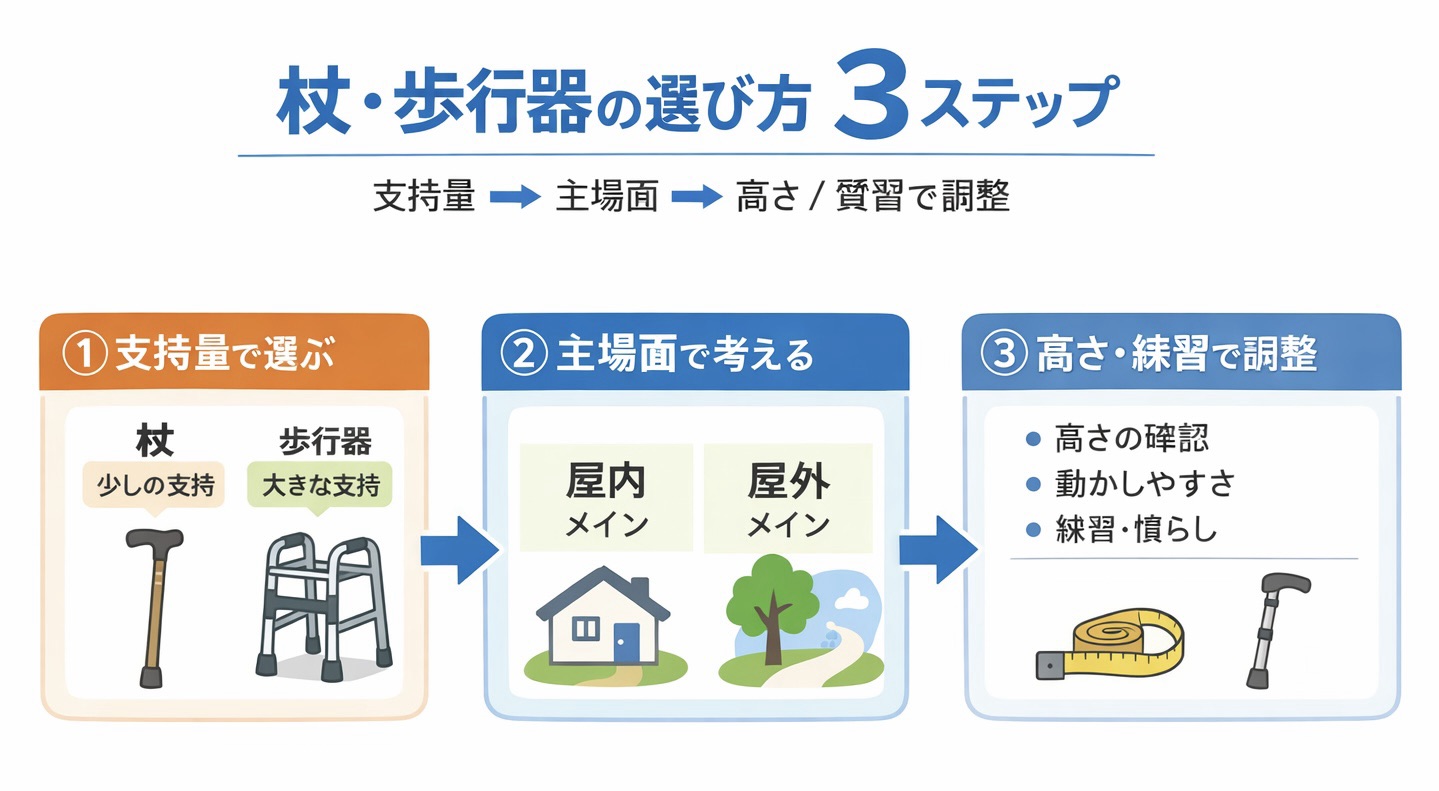 杖・歩行器の選び方 3 ステップの図解