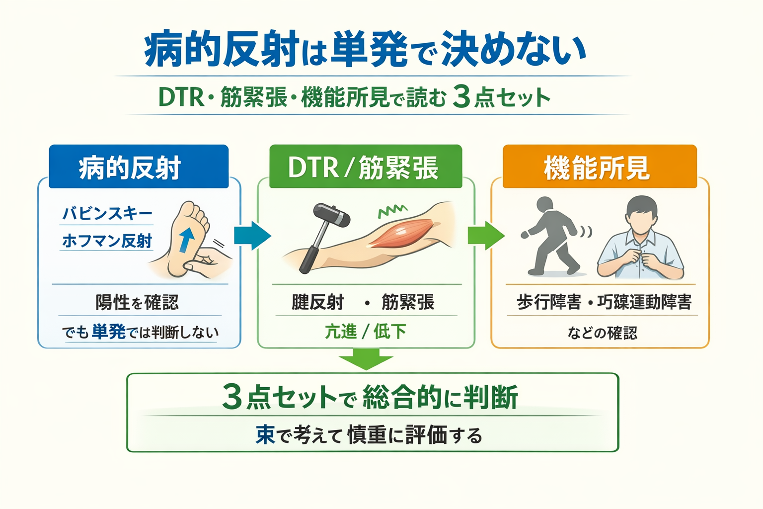病的反射は単発で決めない。DTR・筋緊張・機能所見で読む 3 点セットの図