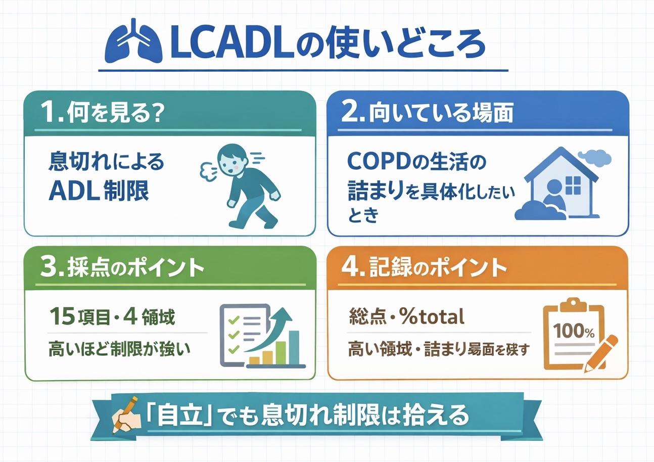 LCADL の使いどころを整理した図版。息切れによる ADL 制限、COPD の生活の詰まりを具体化したい場面、15項目・4領域の採点、総点・%total・高い領域・詰まり場面の記録ポイント、自立でも息切れ制限を拾えることを示している。