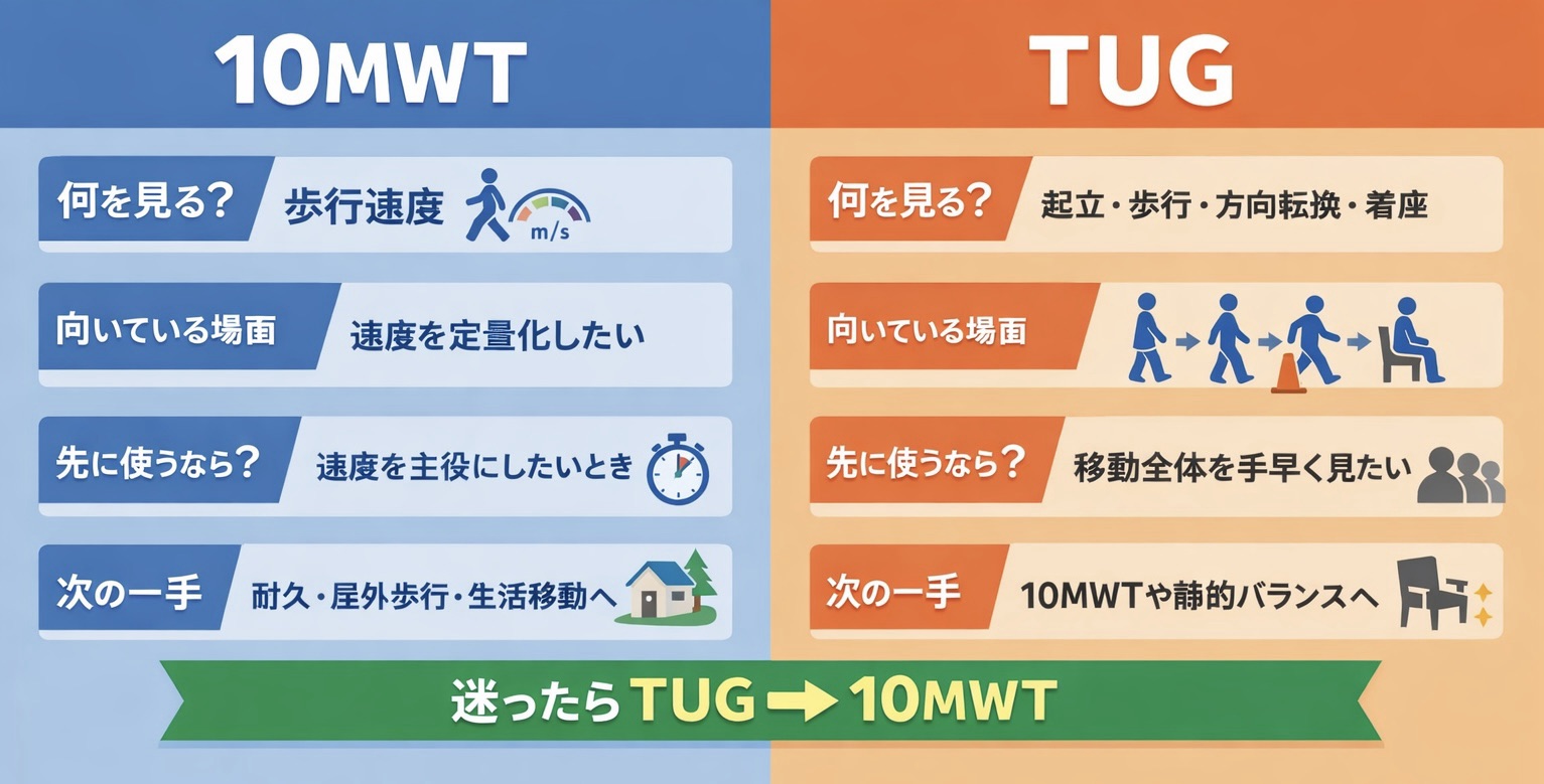 10MWT と TUG の違いを比較した図版。10MWT は歩行速度、TUG は起立・歩行・方向転換・着座を含む移動全体を見る評価で、迷ったら TUG から使う流れを示す。