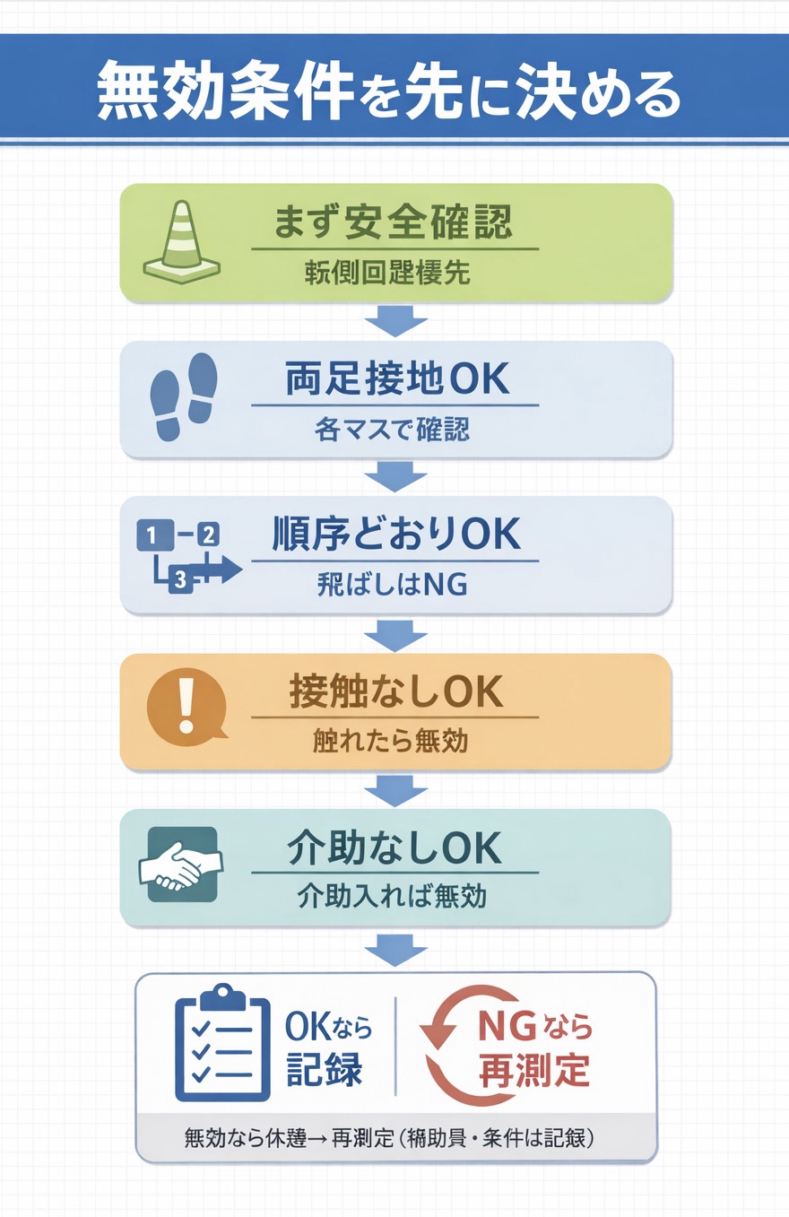 FSST の無効条件チェック（安全確認 &rarr; 両足接地 &rarr; 順序どおり &rarr; 接触なし &rarr; 介助なし。OK なら記録、NG なら再測定 ）