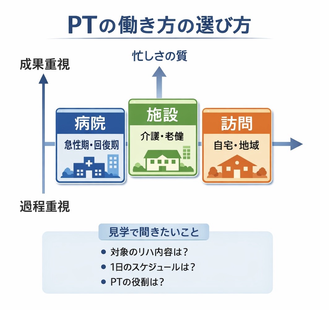 PT の働き方の選び方を示した比較図（病院・施設・訪問）