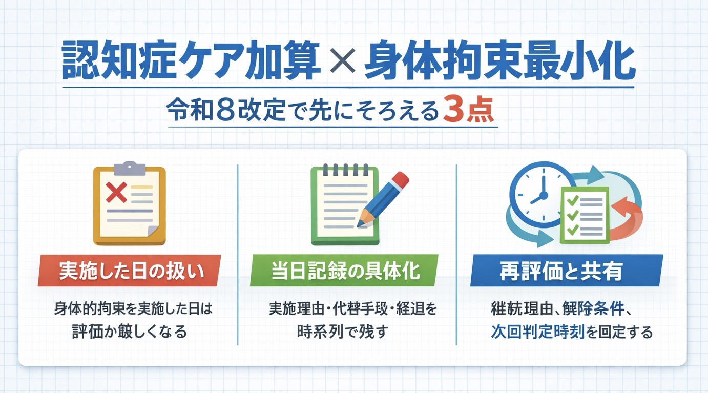 認知症ケア加算&times;身体拘束最小化｜令和 8 改定で先にそろえる 3 点