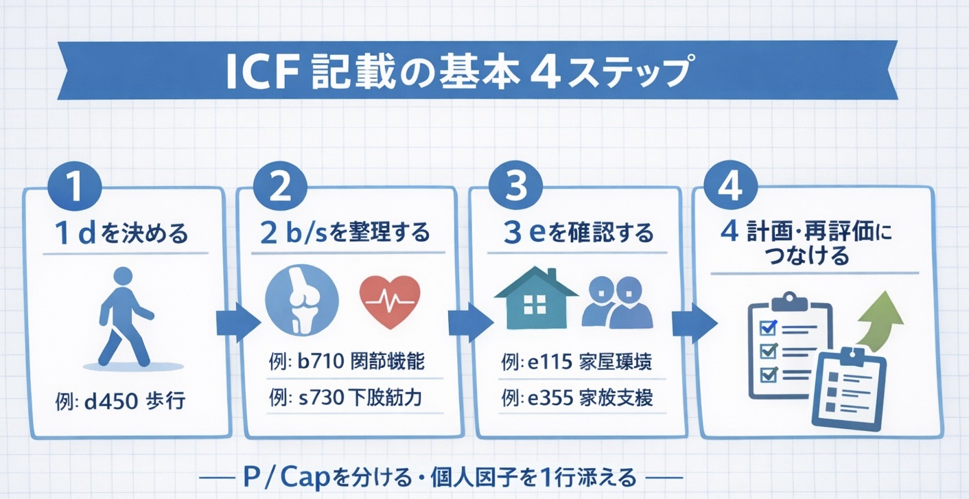 ICF 記載の基本 4 ステップを示した図版。 d を決める、 b / s を整理する、 e を確認する、計画・再評価につなげる、の順で整理している。