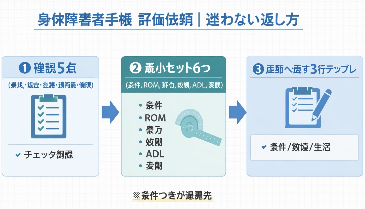 身体障害者手帳の評価依頼の流れ（確認 5 点&rarr;最小セット 6 つ&rarr;医師へ返す 3 行テンプレ）
