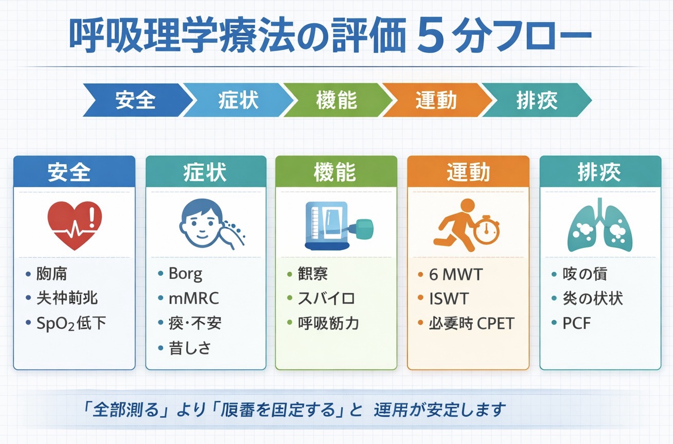 呼吸理学療法の評価 5 分フローを示した図版