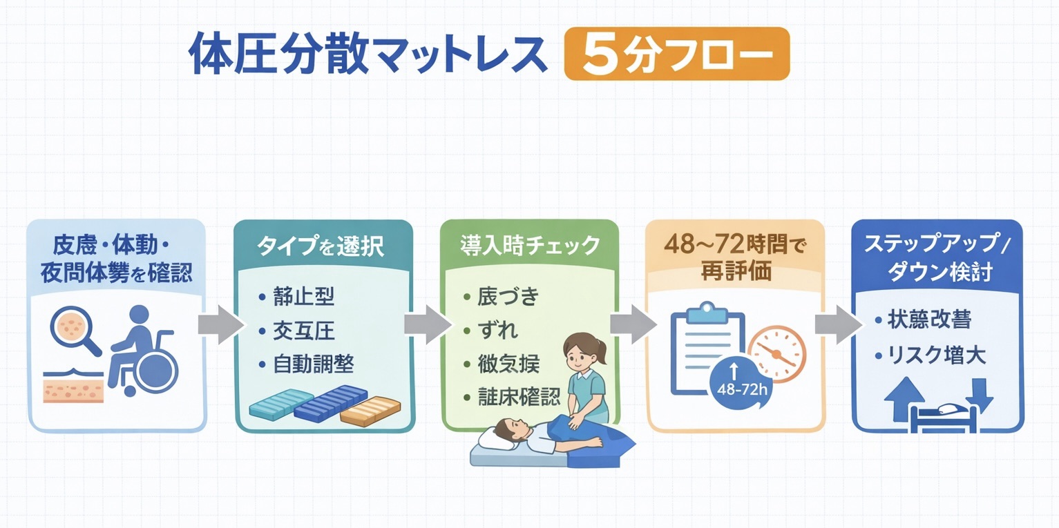体圧分散マットレスの選定から導入後の再評価につなぐ 5 分フロー