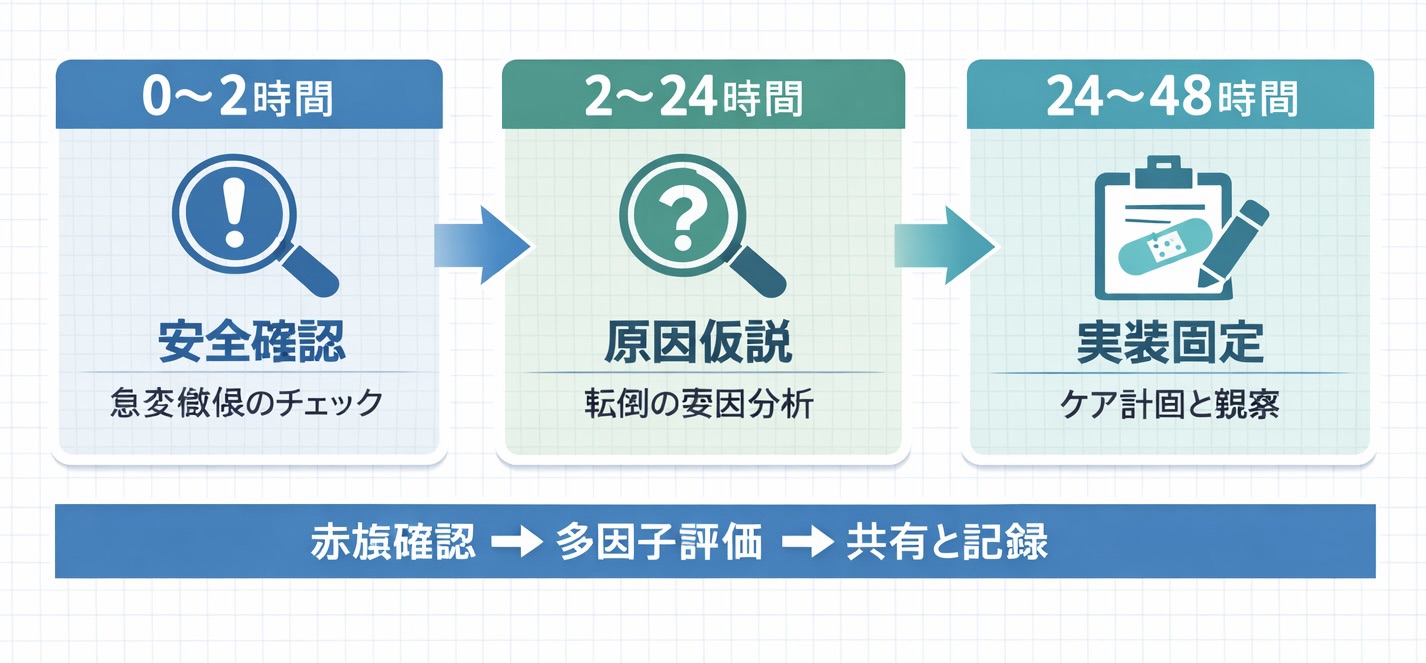 転倒後 48 時間対応の流れを示した図版。0〜2時間で安全確認、2〜24時間で原因仮説、24〜48時間で実装固定を行う