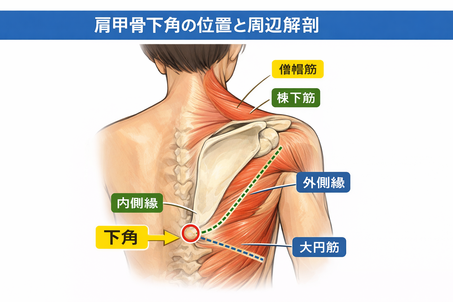 肩甲骨下角の位置と周辺解剖を示した図版