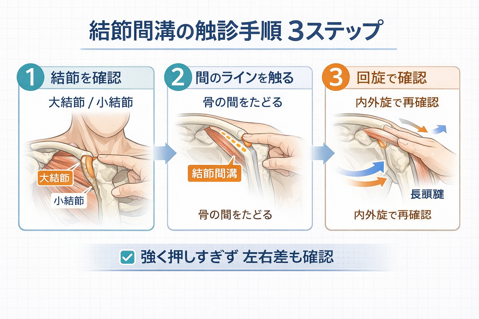 結節間溝の触診手順 3 ステップを示した図版