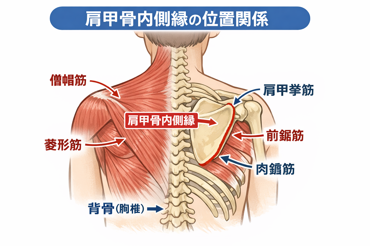 肩甲骨内側縁の位置と周辺解剖を示した図版
