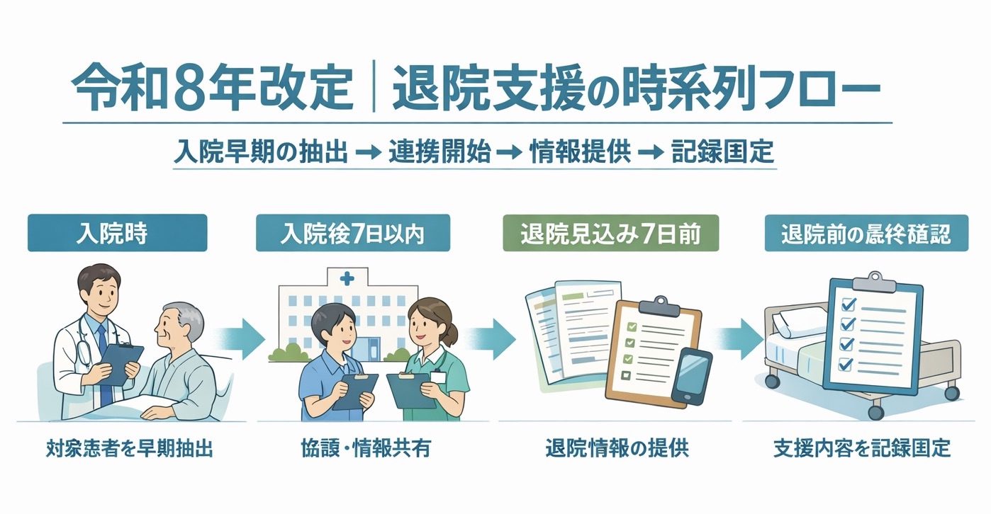 令和 8 年改定における退院支援の時系列フロー（入院時、入院後 7 日以内、退院見込み 7 日前、退院前の最終確認）