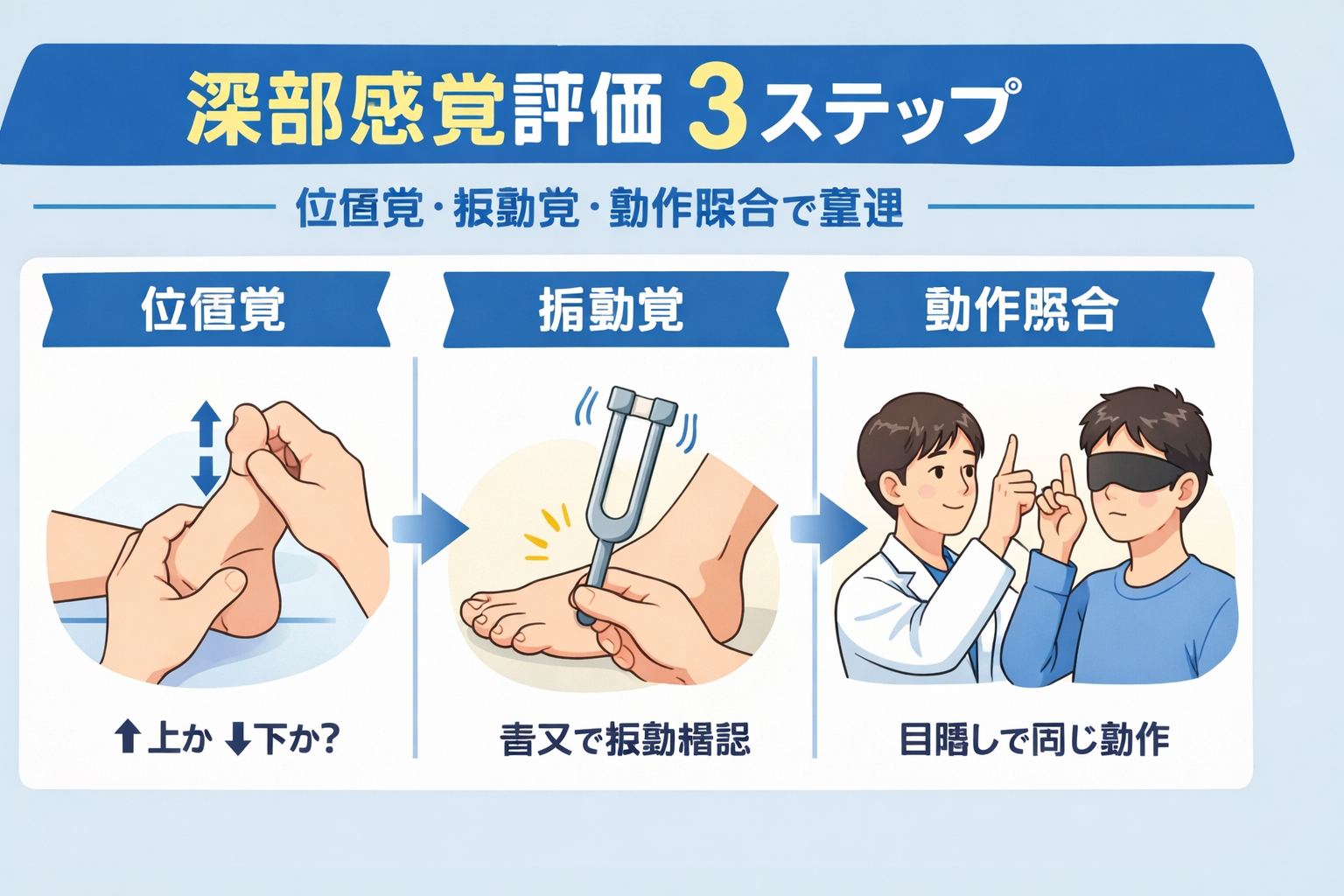 深部感覚評価 3 ステップ（位置覚・振動覚・動作照合）