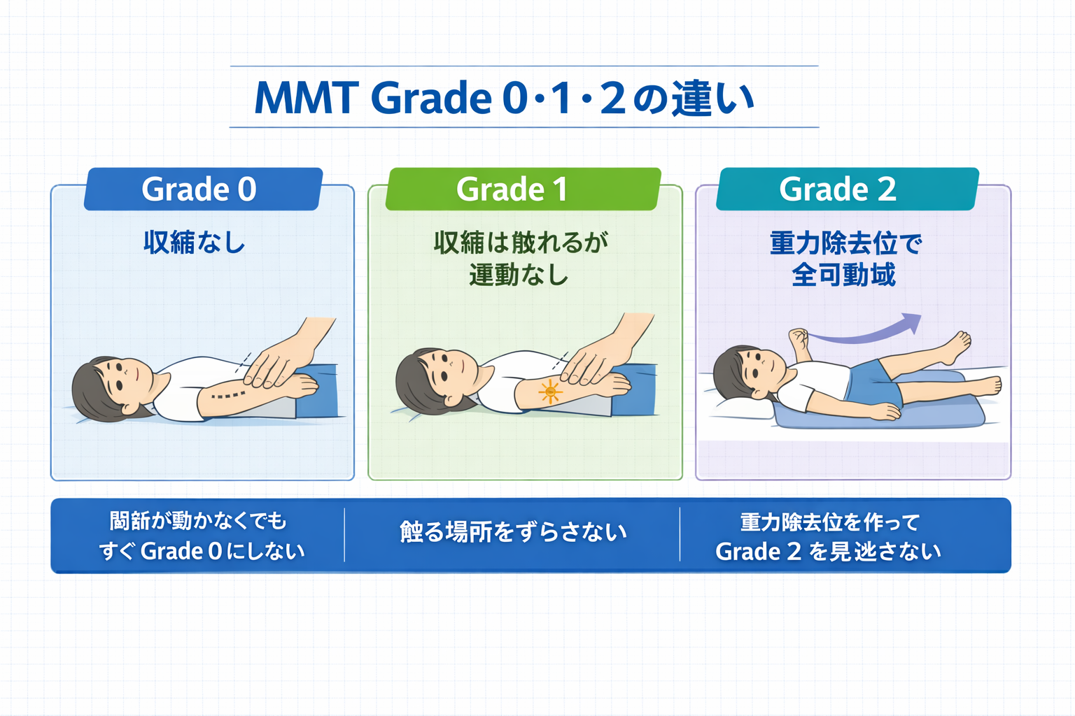 MMT Grade 0・1・2 の違いを示した比較図。Grade 0 は収縮なし、Grade 1 は収縮触知ありで運動なし、Grade 2 は重力除去位で全可動域を示している。