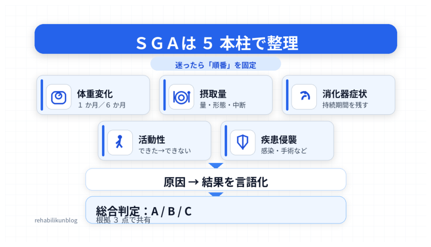 SGA の病歴 5 本柱（体重変化・摂取量・消化器症状・活動性・疾患侵襲）を順番に整理し、原因&rarr;結果を言語化して A / B / C を決める概念図