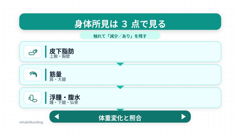 SGA の身体所見は 3 点（皮下脂肪・筋量・浮腫 / 腹水）で見て、最後に体重変化と照合する概念図