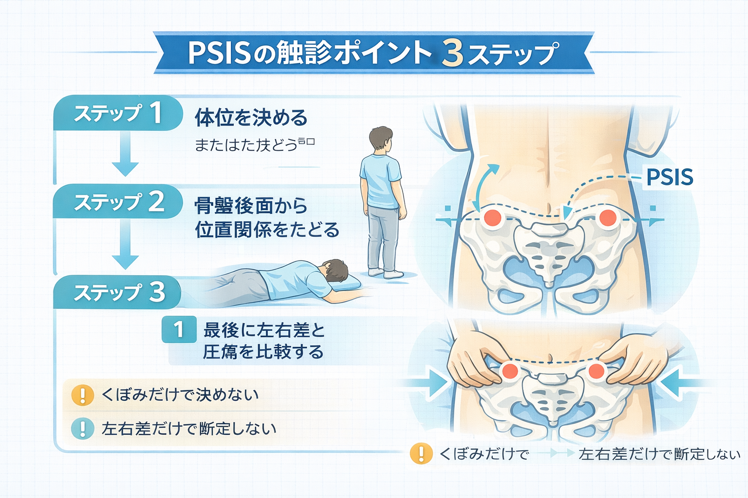 PSIS の触診ポイントを 3 ステップで示した図版