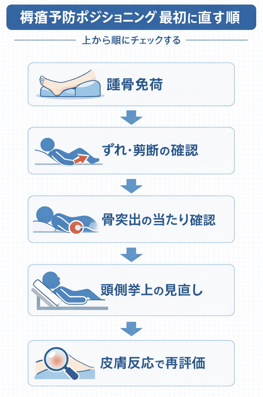 褥瘡予防ポジショニングで最初に直す順をまとめた図版