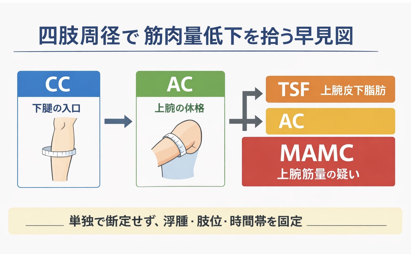 四肢周径で筋肉量低下を拾う早見図。CC は下腿の入口、AC は上腕の体格、TSF と AC から MAMC をみる流れを示した図