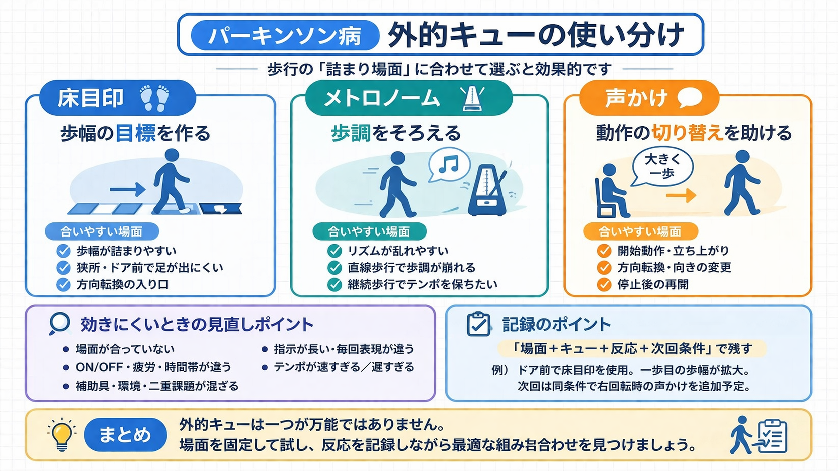 パーキンソン病の外的キューの使い分けを示した比較図版