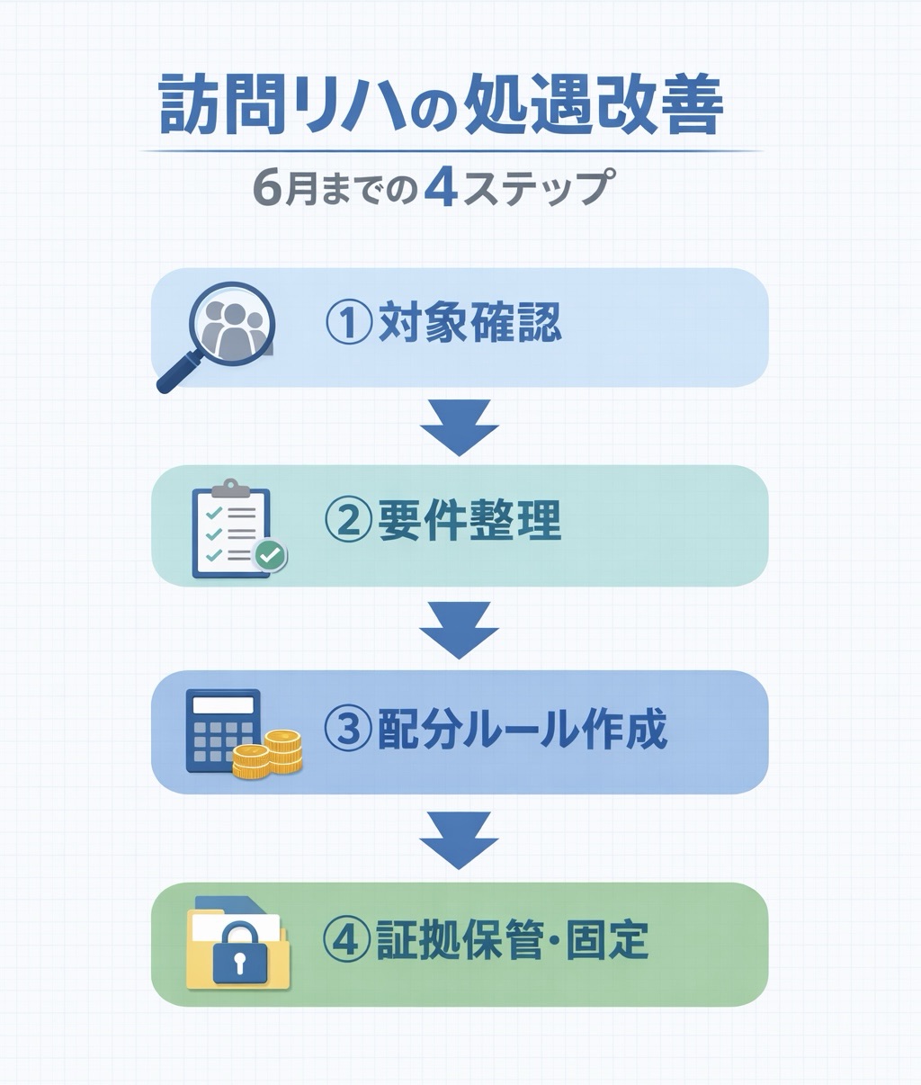 訪問リハの処遇改善で 6 月までに進める 4 ステップの図解