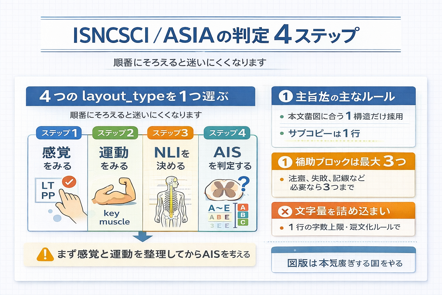ISNCSCI / ASIA の判定 4 ステップを整理した図版
