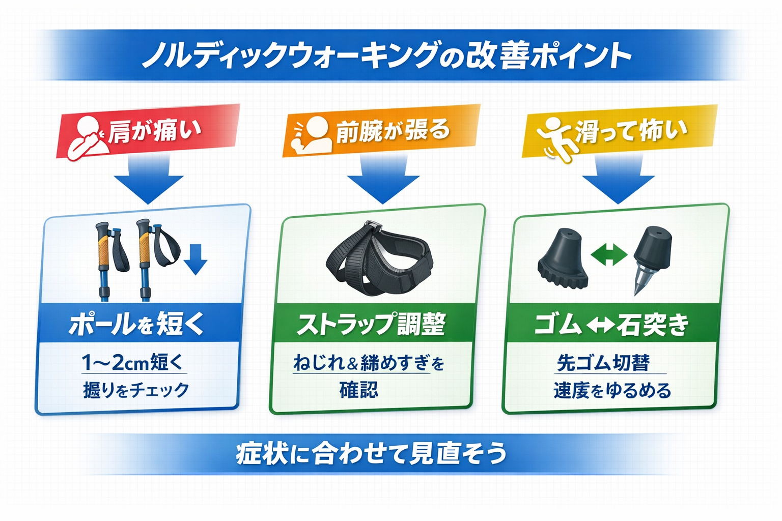 ノルディックウォーキングで肩が痛い・前腕が張る・滑って怖いときの改善ポイントをまとめた図版