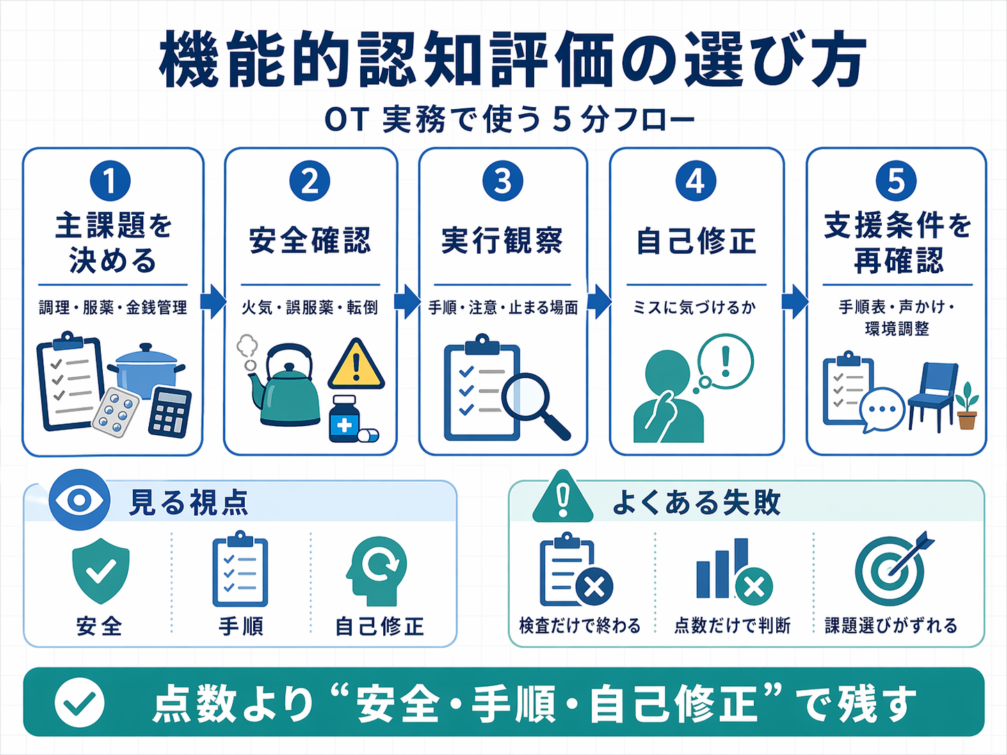 機能的認知評価の選び方を示した OT 実務向け 5 分フロー図