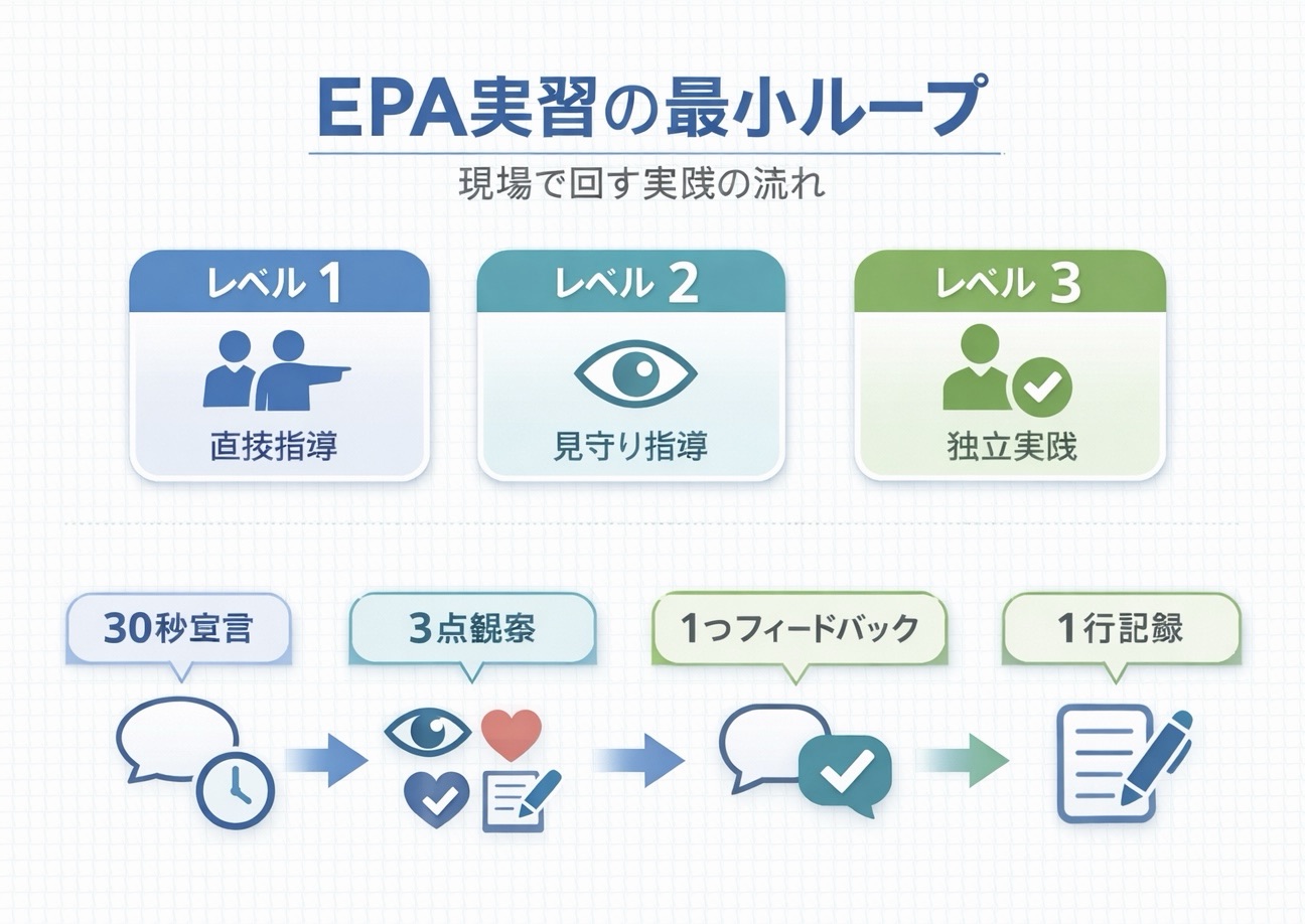 EPA 実習の最小ループを、監督レベル 3 段階と 30 秒宣言・3 点観察・1 つフィードバック・1 行記録の流れで整理した図版