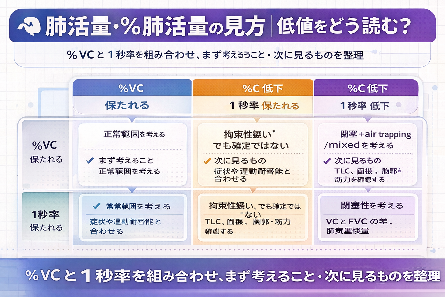 肺活量と％肺活量の見方を％VCと1秒率の組み合わせで整理した比較図