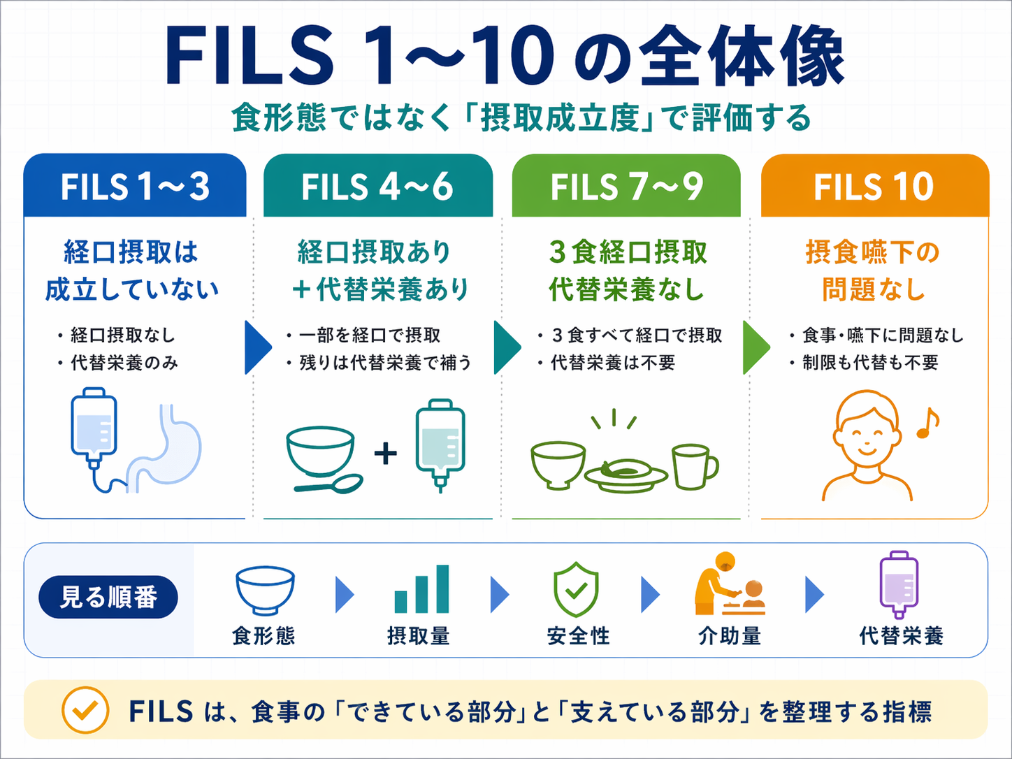 FILS 1〜10 の全体像と摂取成立度で評価するポイントを示した図版