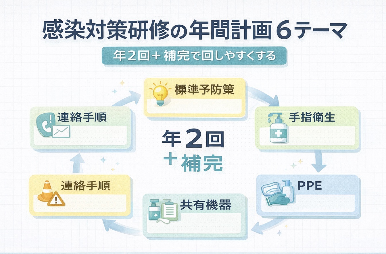 感染対策研修の年間計画 6 テーマを整理した図版