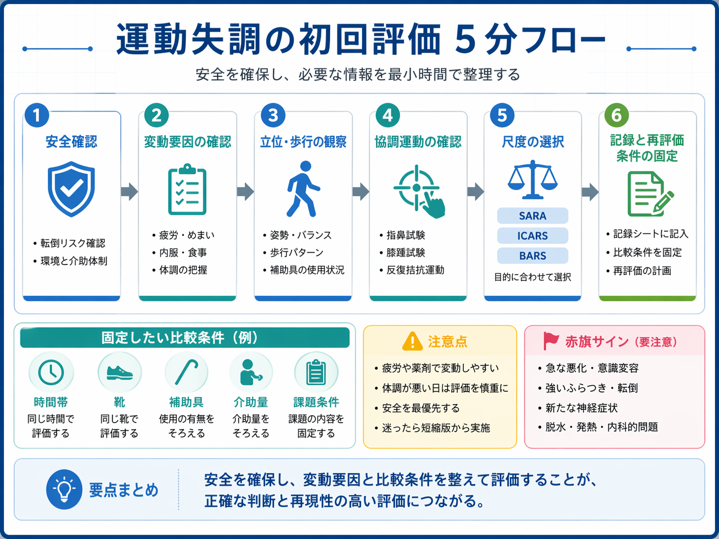 運動失調の初回評価 5 分フローを整理した図版
