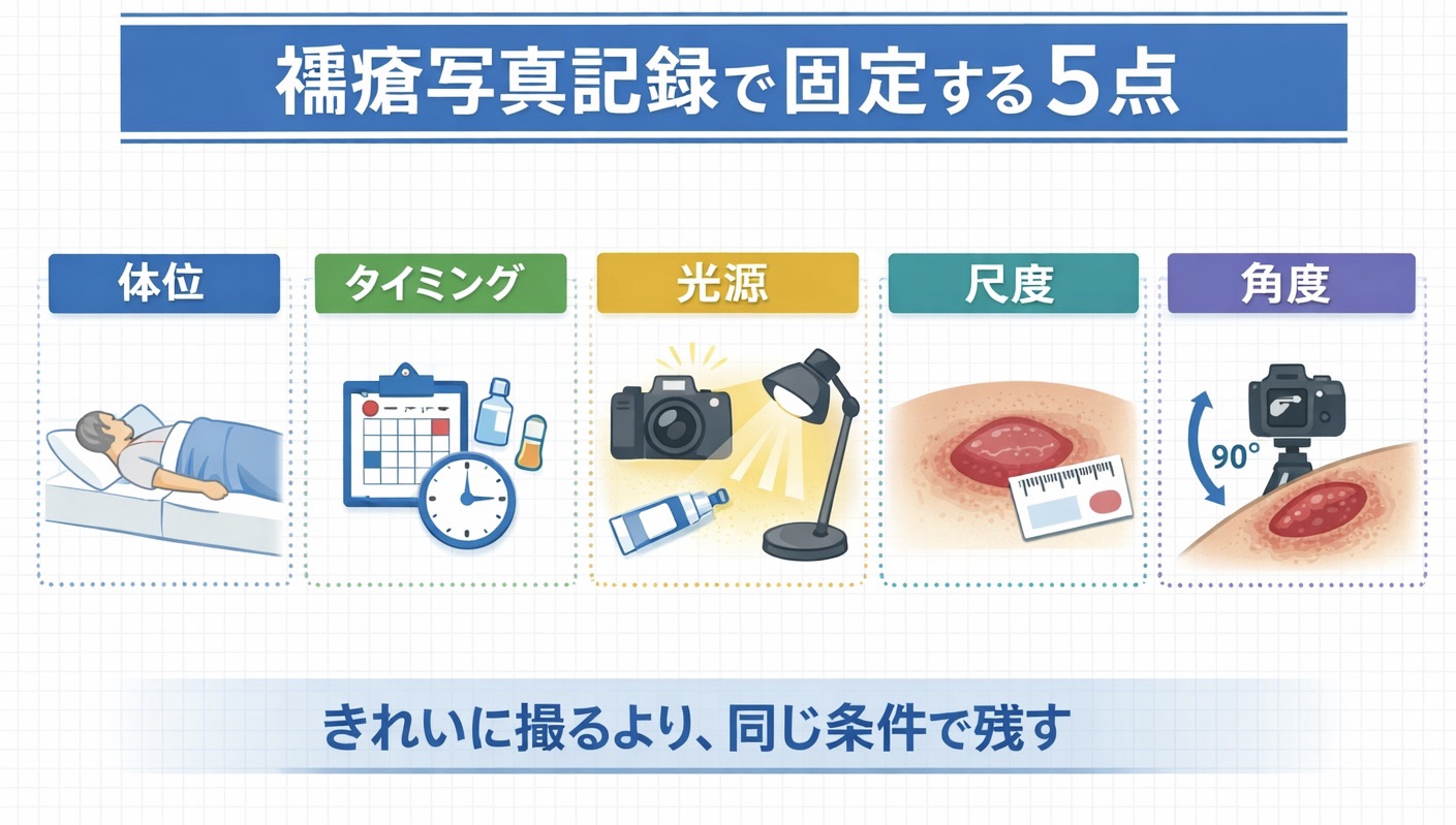 褥瘡写真記録で固定する 5 点を示した図版