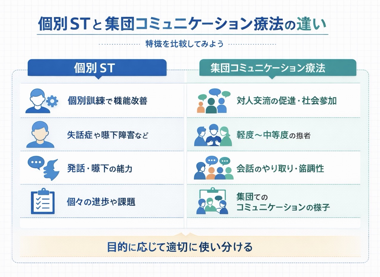 個別 ST と集団コミュニケーション療法の違いを比較した図版