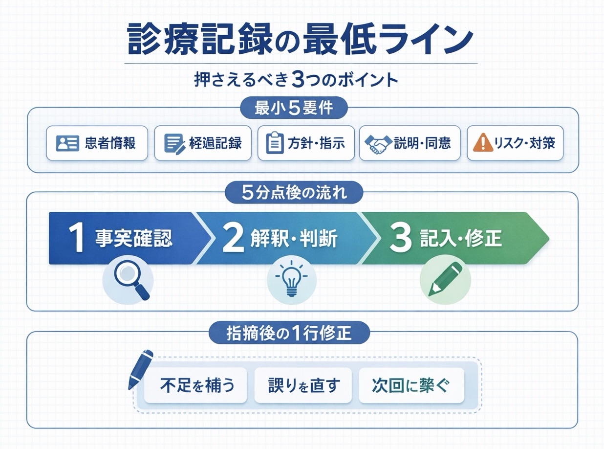 診療記録の最低ラインを「最小 5 要件」「5 分点検」「指摘後の 1 行修正」で整理した図版