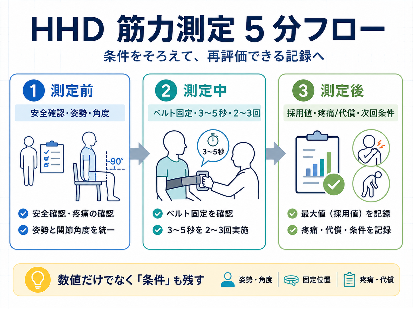 HHD 筋力測定の 5 分フロー図（測定前・測定中・測定後）