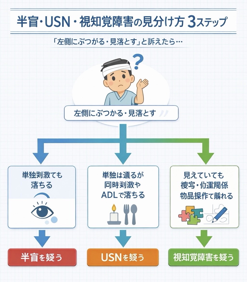 半盲・USN・視知覚障害の見分け方 3 ステップを整理したフロー図