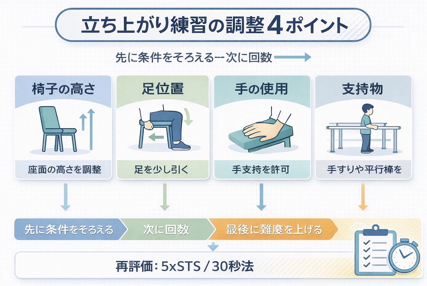 立ち上がり練習の調整 4 ポイントを整理した図版