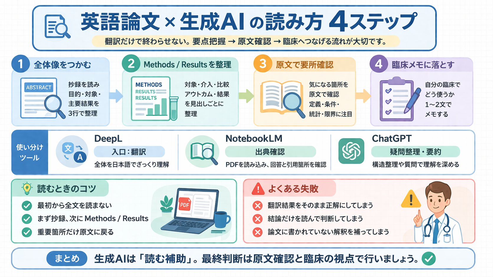 英語論文を生成AIで読む4ステップとツールの使い分けを整理した図