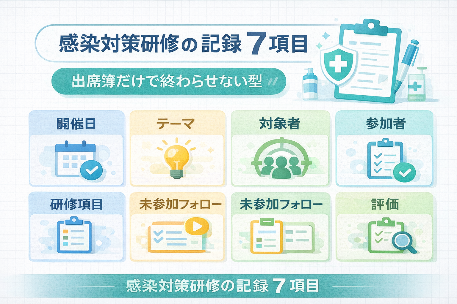 感染対策研修の記録に残す 7 項目を整理した図版