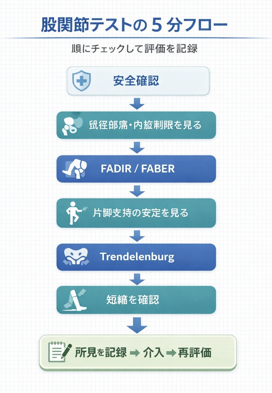 股関節テストの 5 分フローを整理した図版