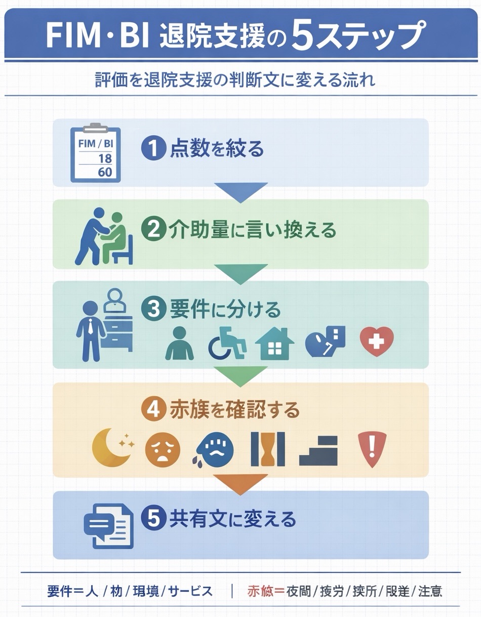 FIM と BI の点数を退院支援の判断文へ変える 5 ステップ図版