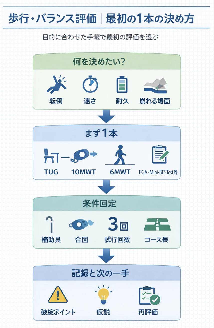 歩行・バランス評価で最初の 1 本を決める流れを整理した図版
