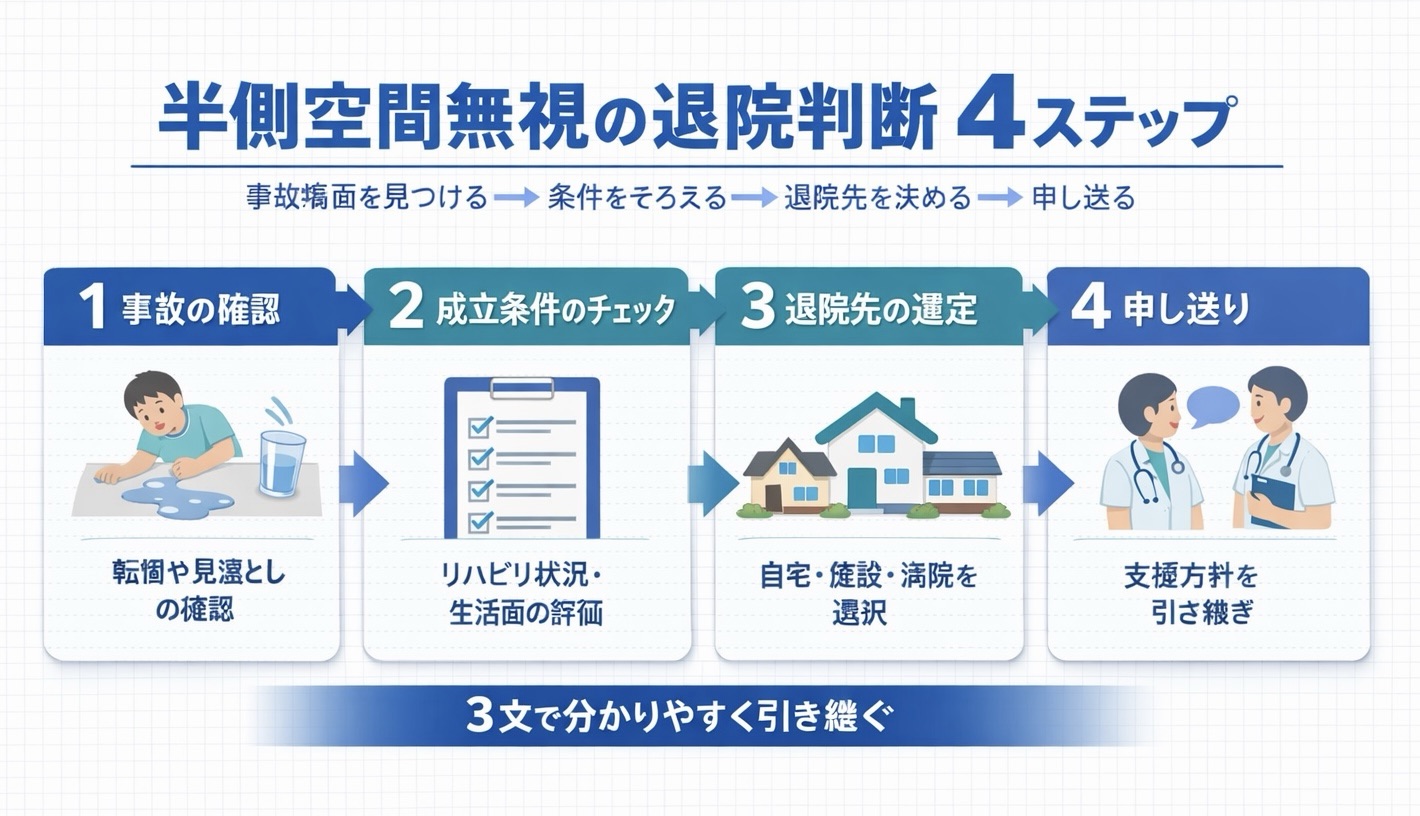 半側空間無視の退院判断 4 ステップを整理した図版